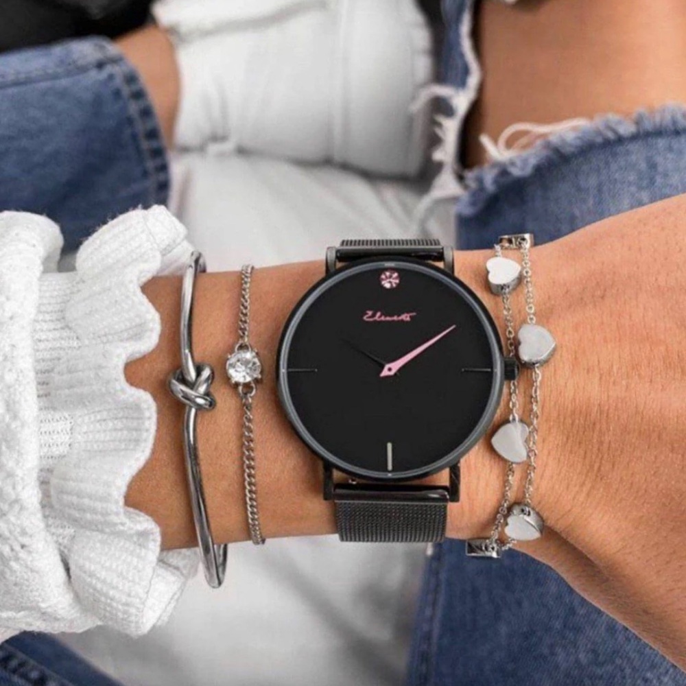 NWT Elements Strength 36mm Stainless Steel Mesh Breast Cancer Awareness Watch